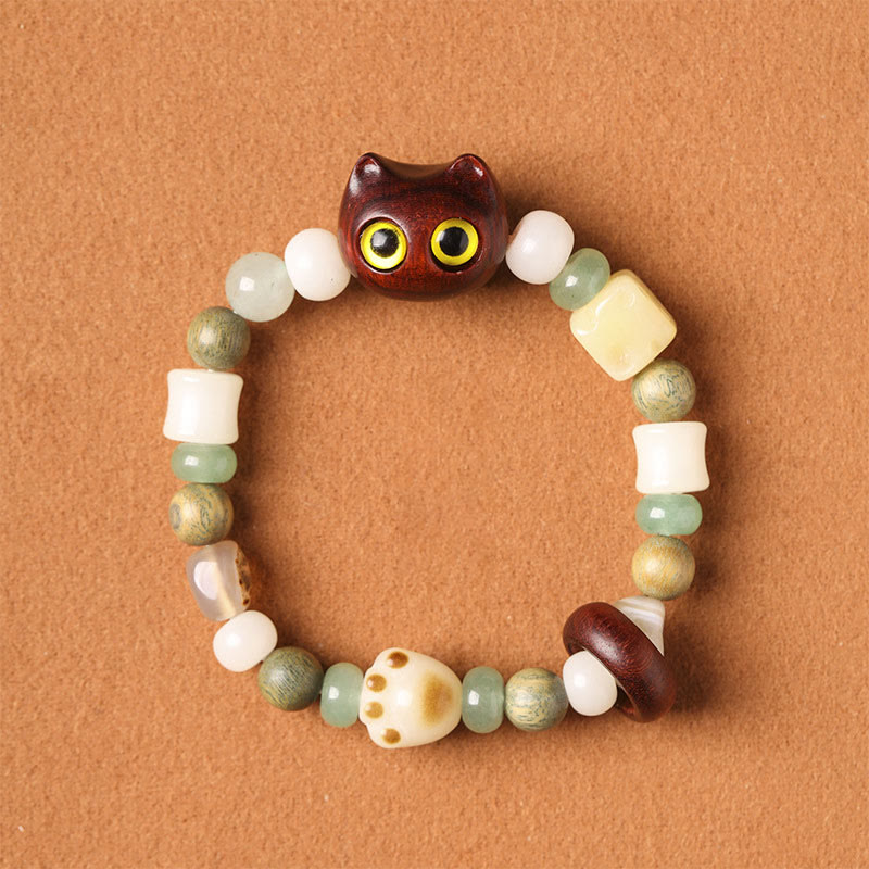 Buddha Stones, Bodhi-Samen, grünes Sandelholz, Ebenholz, kleines Blatt, rotes Sandelholz, Katzenkopf, Pfotenkralle, Friedensarmband - Kleine Katze aus rotem Sandelholz (gelbe Augen) (Handgelenkumfang 14–16 cm) - image 8