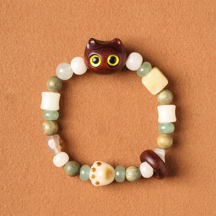 Buddha Stones, Bodhi-Samen, grünes Sandelholz, Ebenholz, kleines Blatt, rotes Sandelholz, Katzenkopf, Pfotenkralle, Friedensarmband - Kleine Katze aus rotem Sandelholz (gelbe Augen) (Handgelenkumfang 14–16 cm) - image 8