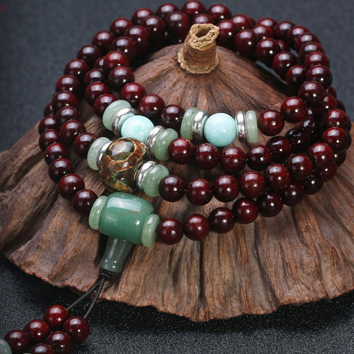 Buddha Stones 108 Perlen grüner Kleines Blatt Rotes Sandelholz Aventurin Amazonit Glück Heilung Armband Mala