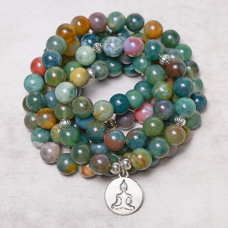 Buddha Stones, 108 Mala-Perlen, indischer Achat, Lotus, OM, Buddha, Baum des Lebens, positives, ruhiges Armband