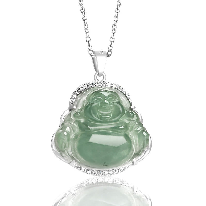 Buddha Stones 925 Sterling Silber Lachender Buddha Natürliche Jade Glück Wohlstand Halskette Kettenanhänger - image 2