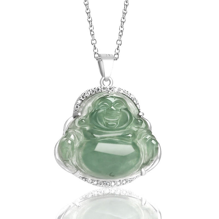 Buddha Stones 925 Sterling Silber Lachender Buddha Natürliche Jade Glück Wohlstand Halskette Kettenanhänger - image 2