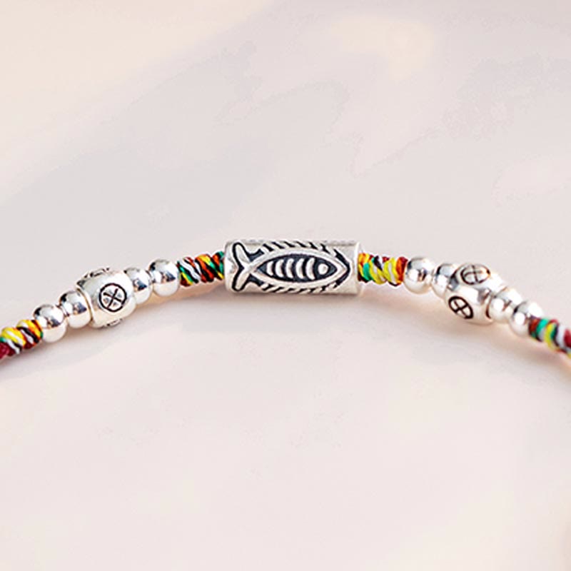 Buddha Stones 925 Sterling Silber Luck Koi Fisch geflochtene bunte Schnur Armband Fußkettchen