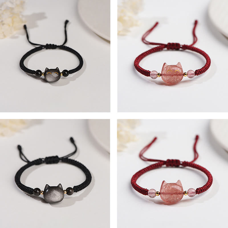 Buddha Stones Handgefertigtes, natürliches, silberglänzendes Obsidian-Erdbeerquarz-Armband mit niedlichem Katzenschutz - image 14