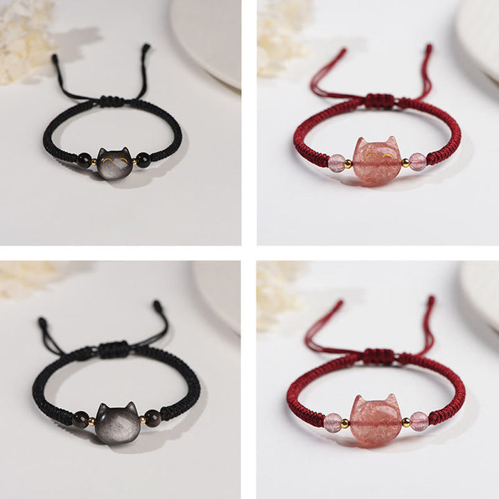 Buddha Stones Handgefertigtes, natürliches, silberglänzendes Obsidian-Erdbeerquarz-Armband mit niedlichem Katzenschutz - image 14