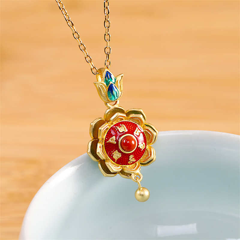 925 Sterling Silber Tibet Lotus Gebetsmühle Roter Achat Erleuchtung Halskette Anhänger - Halskette - image 1