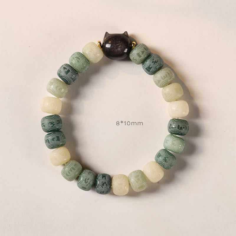 Buddha Stones Bodhi Seed Silber glänzendes Obsidian-Katzenkopf-Armband mit Om Mani Padme Hum-Gravur für Harmonie - image 11