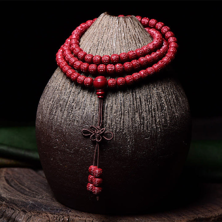 Buddha Stones 108 Mala Perlen Zinnober Om Mani Padme Hum Muster graviertes Segensarmband - image 12
