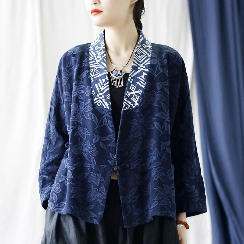 Buddha Stones Flower Jacquard-Jacke mit V-Ausschnitt und langen Ärmeln