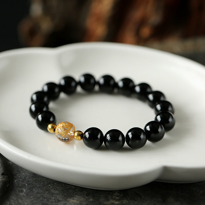 Buddha Stones Armband in Drachenstärke, natürlicher schwarzer Obsidian, Weiß Kristall, schwarzer Onyx