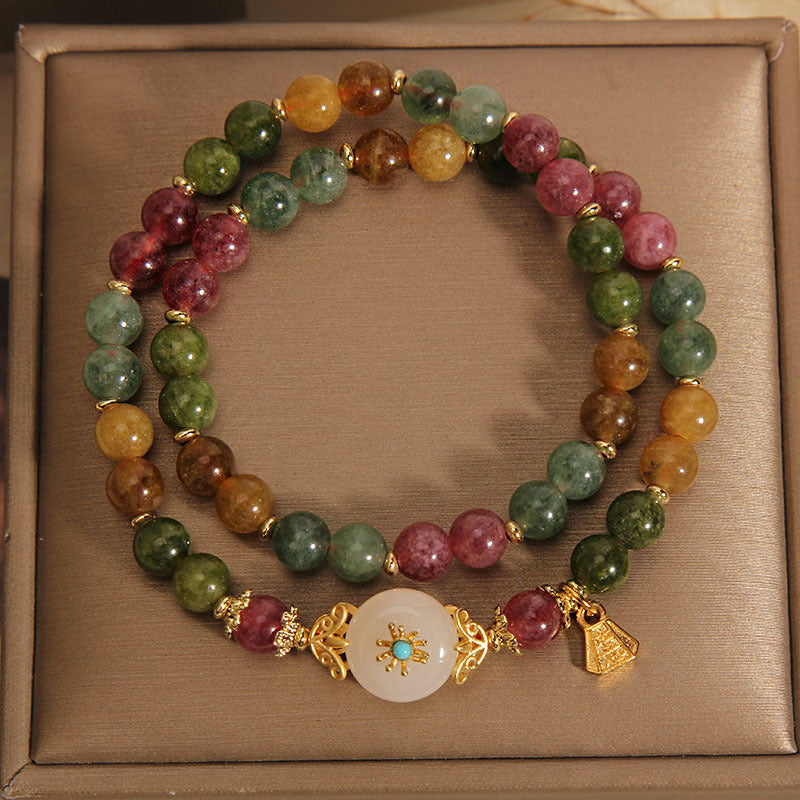 Buddha Stones Natürliches mehrfarbiges Turmalin-Jade-Blumenarmband mit positiver Wirkung, doppelt gewickelt