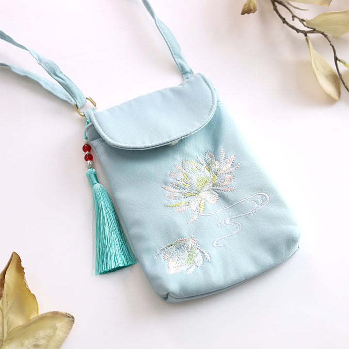 Buddha Stones Kleine Tasche mit gestickten Blumen, Crossbody-Tasche, Schultertasche, zweilagige Handytasche