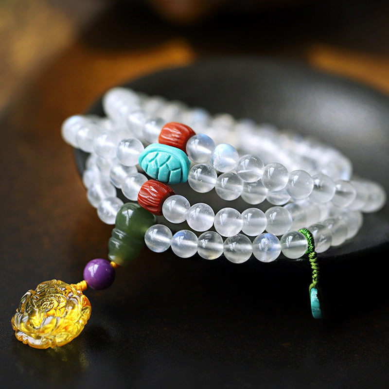 Buddha Stones ​​108 Mala-Perlen Mondstein Bernstein Lotus Türkis Kristallheilungsarmband - image 1