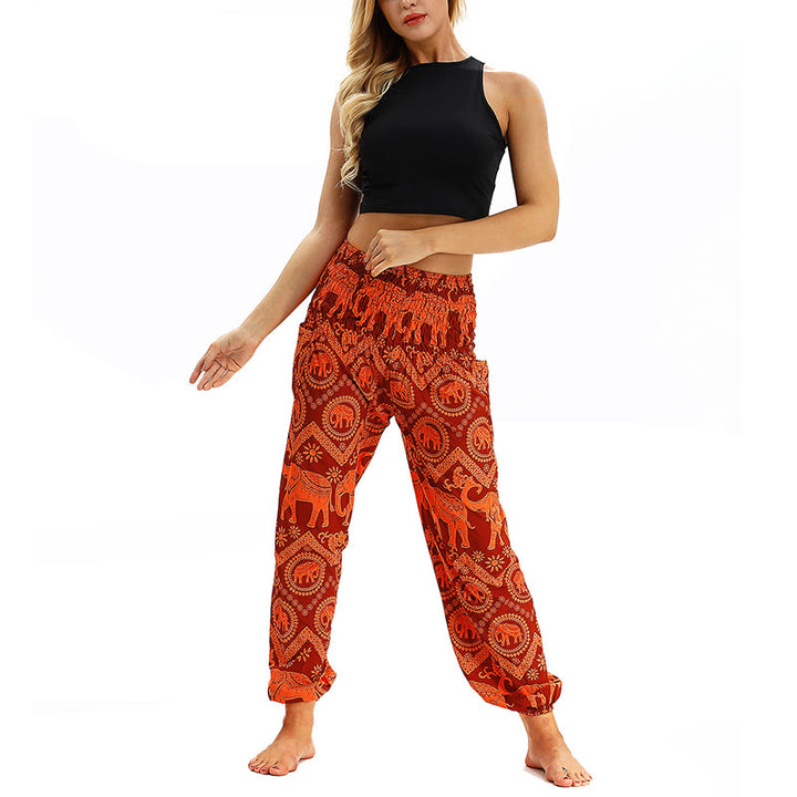 Buddha Stones Boho Lockere Haremshose mit geometrischem Elefantenmuster für Damen, Yogahose