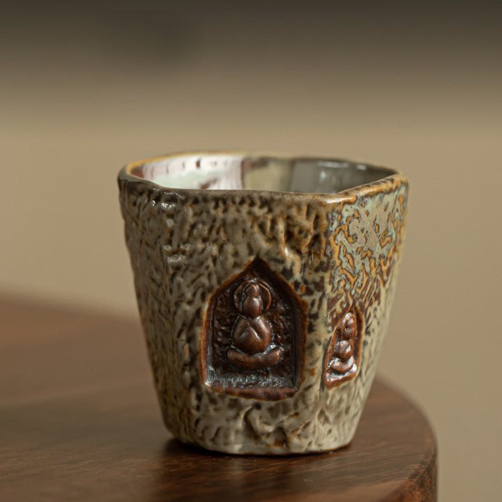 Buddha Stones Vintage-Teetasse in Dunhuang-Farbe, Buddha-Gravur, Kung-Fu-Teetasse