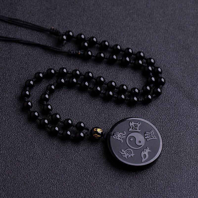 Buddha Stones, natürlicher schwarzer Obsidian, Taoismus, fünf heilige Berge, Mantra mit neun Charakteren, geschnitzt, Stärke, Yin-Yang-Halskette, Anhänger, Schlüsselanhänger - Schwarze Obsidian & Perlenkette - image 5