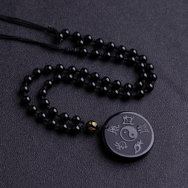 Buddha Stones, natürlicher schwarzer Obsidian, Taoismus, fünf heilige Berge, Mantra mit neun Charakteren, geschnitzt, Stärke, Yin-Yang-Halskette, Anhänger, Schlüsselanhänger - Schwarze Obsidian & Perlenkette - image 5