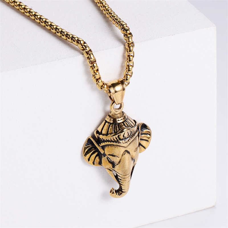 Ganesh Ganpati Elefant Titan Stahl Schutz Anhänger Halskette - Gold - image 1