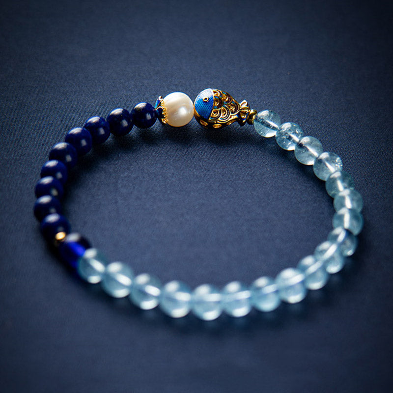 Buddha Stones ​​Natürliches Aquamarin-Lazurit-Lapis-Lazuli-Fisch-Heilarmband - image 0