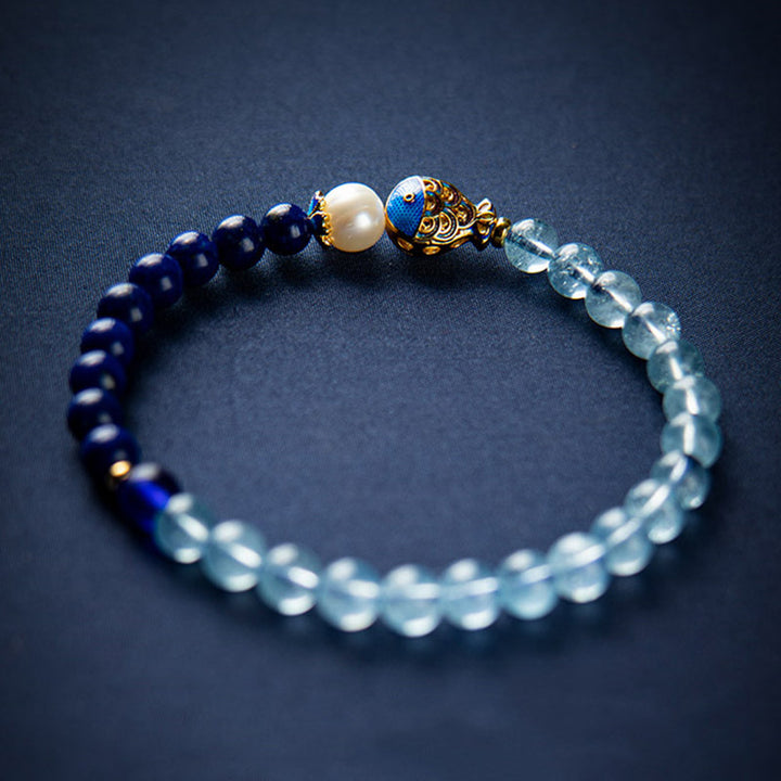 Buddha Stones ​​Natürliches Aquamarin-Lazurit-Lapis-Lazuli-Fisch-Heilarmband - image 0