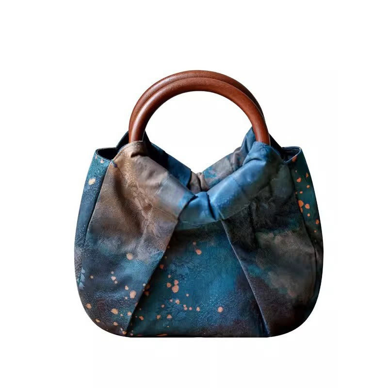 Buddha Stones Handtasche, handgefertigt, Jacquard, Blume, blau, mit Holzgriff