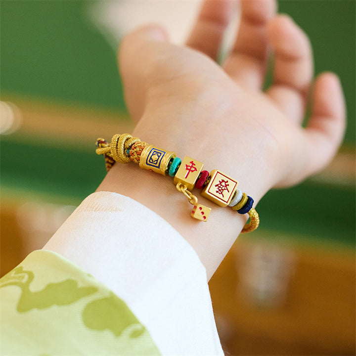 Buddha Stones, Jahr des Drachen, Koi-Fische, Mahjong-Würfel, Pfirsichblüten, Kupfermünze, Glück, geflochtenes Armband