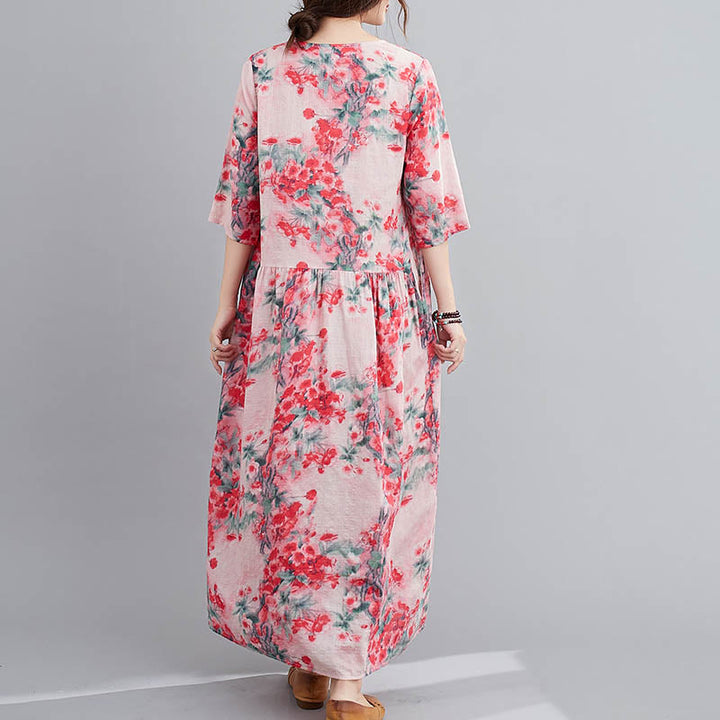 Midikleid mit Buddha-Steinen und Blumen-Print, Tunikakleid aus Baumwolle und Leinen mit Taschen