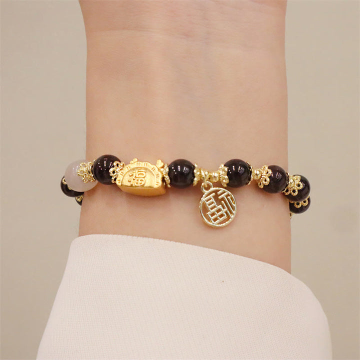 Buddha Stones, Jahr des Drachen, roter Achat, Erdbeerquarz, schwarzer Obsidian, Jade, Granat, Perle, Zinnober, Knödel, Drache, Glück, Fu, Charakter-Armband - image 16