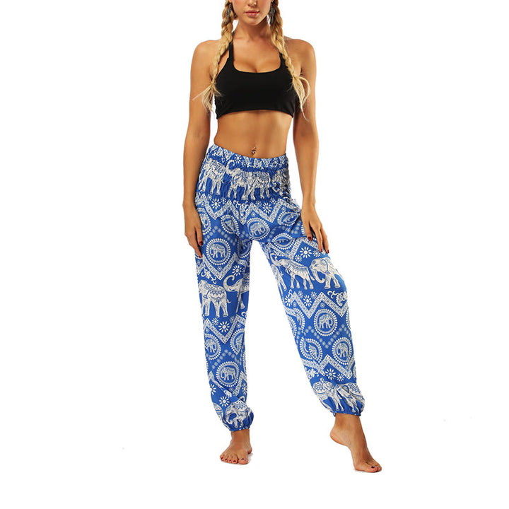 Buddha Stones Boho Lockere Haremshose mit geometrischem Elefantenmuster für Damen, Yogahose