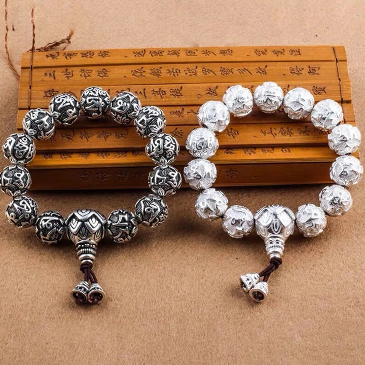 Buddha Stones Tibetisches Om Mani Padme Hum Amulett-Armband mit geschnitzten Legierungsperlen - image 0