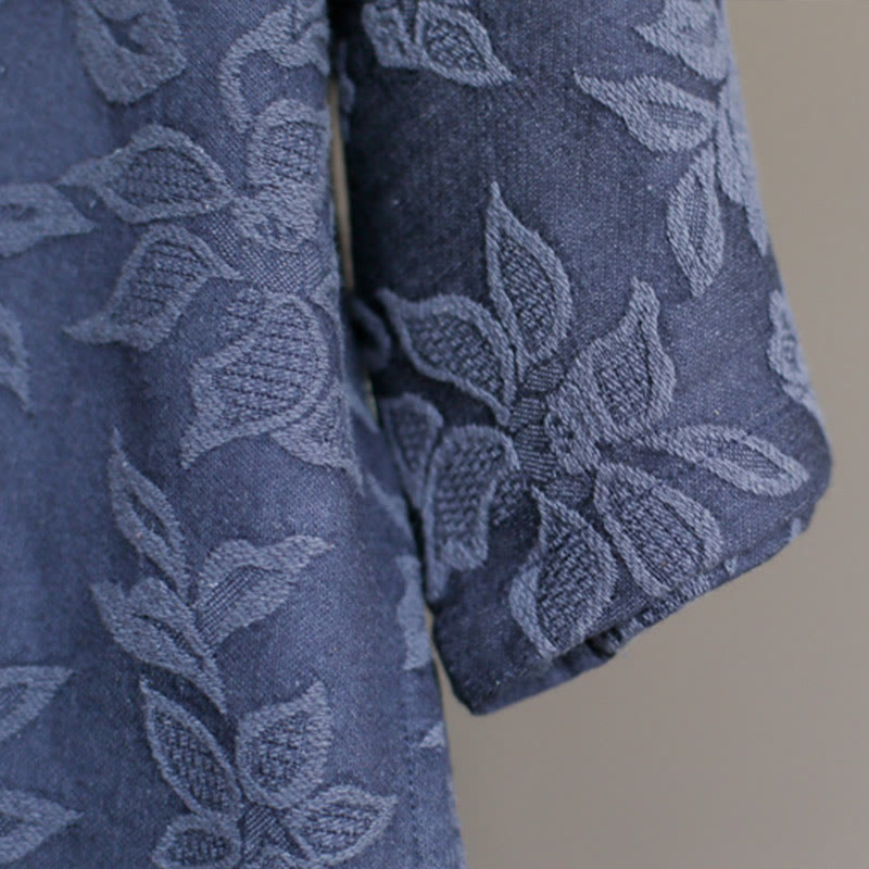 Buddha Stones – Jacquard-Midikleid mit Blumenstickerei, Blau, Dreiviertelärmeln, Baumwollkleid mit Taschen