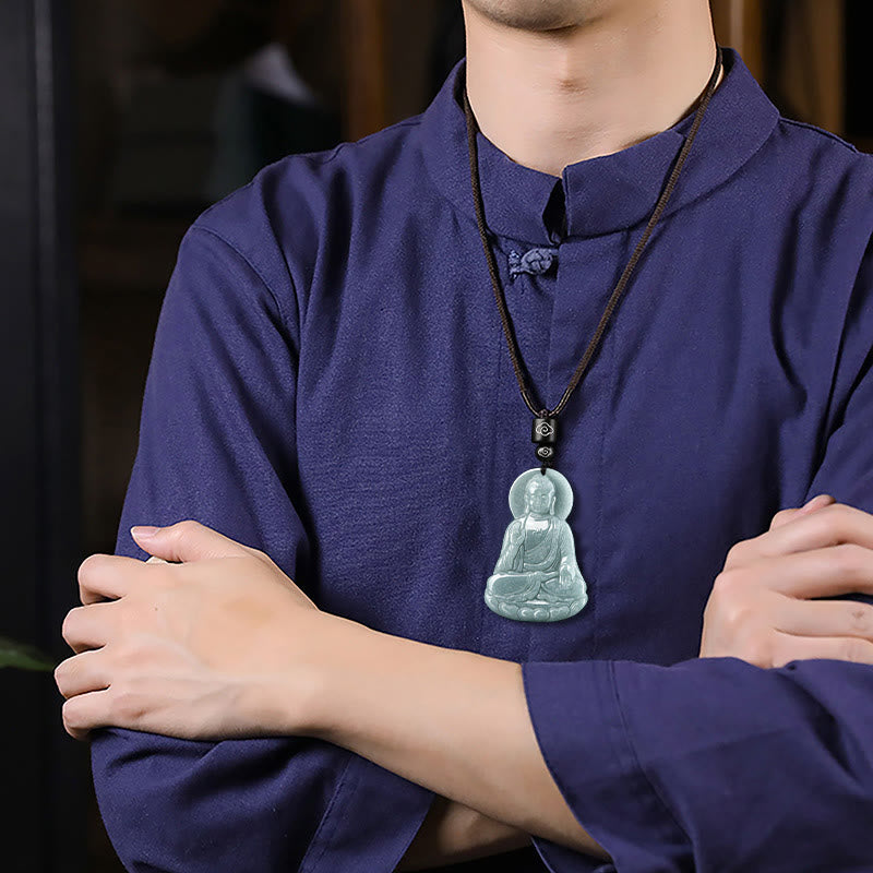 Buddha Stones Amitabha Buddha natürliche Jade Lotus Amulett Mitgefühl String Halskette Anhänger - image 4