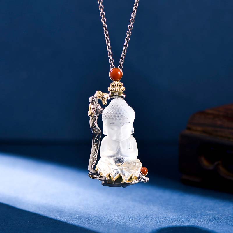 Buddha Stones Halskette mit Anhänger aus 925er Sterlingsilber mit Weiß Kristall und geschnitztem Buddha