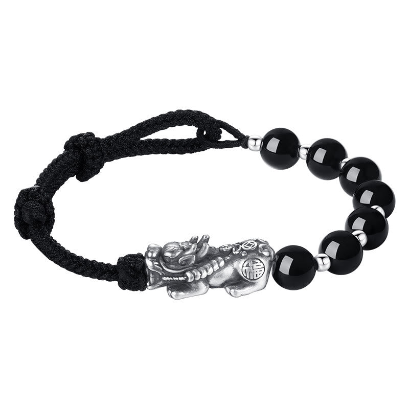 Buddha Stones 999 Sterling Silber FengShui PiXiu Natürlicher schwarzer Obsidian 925 Sterling Silber Bead Strength Armband