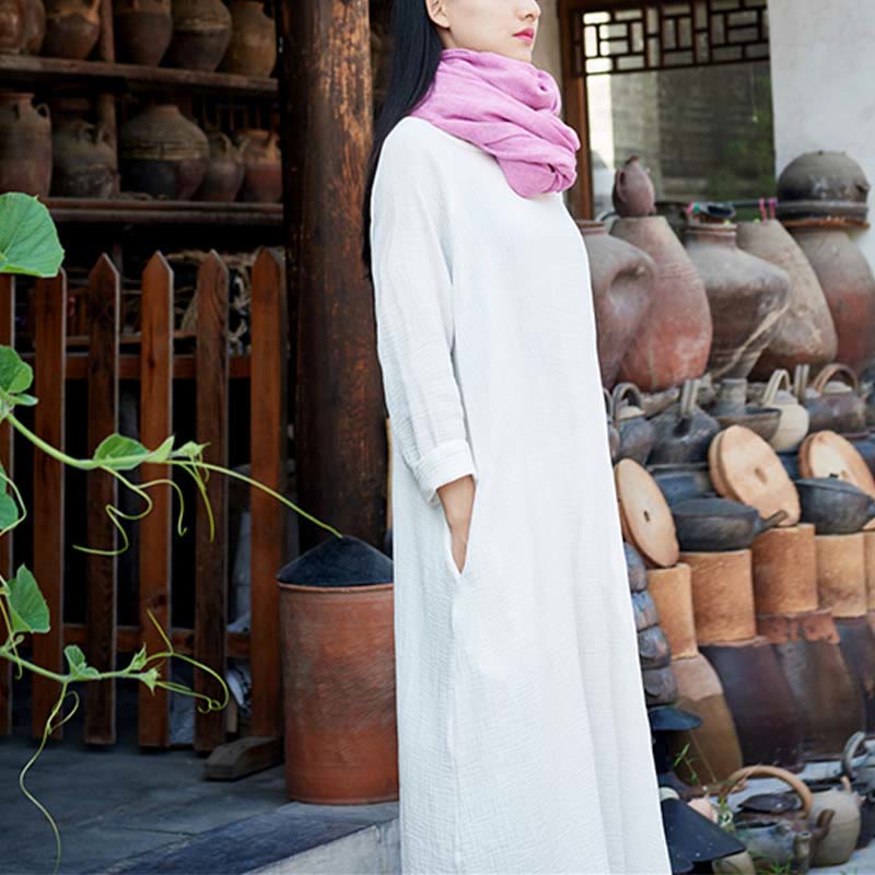 Buddha Stones Schlichtes Midikleid, Zen-Tunikakleid aus Baumwolle und Leinen mit Taschen