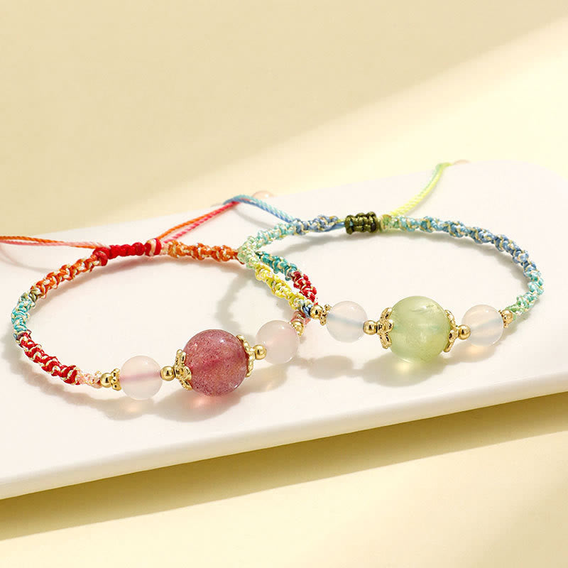 Buddha Stones Armband mit Heilseil, Erdbeerquarz, rosa Kristall, Prehnit , Weiß Achat