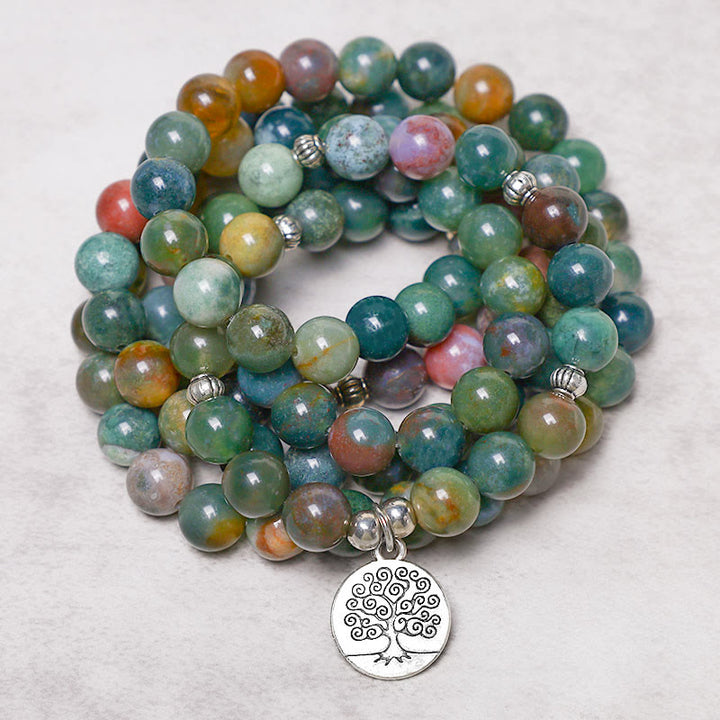 Buddha Stones, 108 Mala-Perlen, indischer Achat, Lotus, OM, Buddha, Baum des Lebens, positives, ruhiges Armband