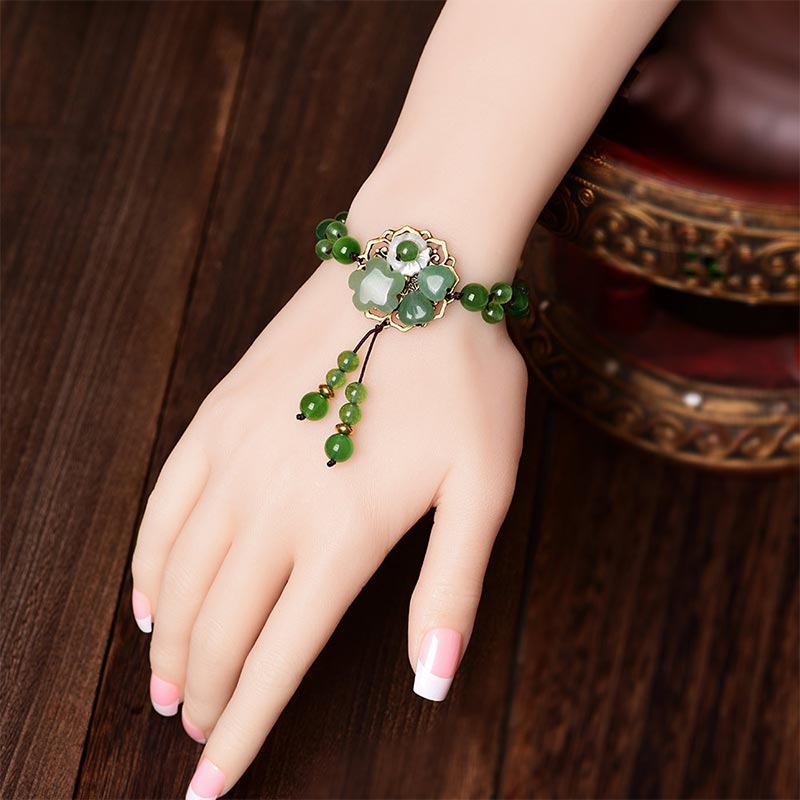Buddha Stones natürliches grünes Jade-Glücks-Armband mit baumelnder Blume - image 13