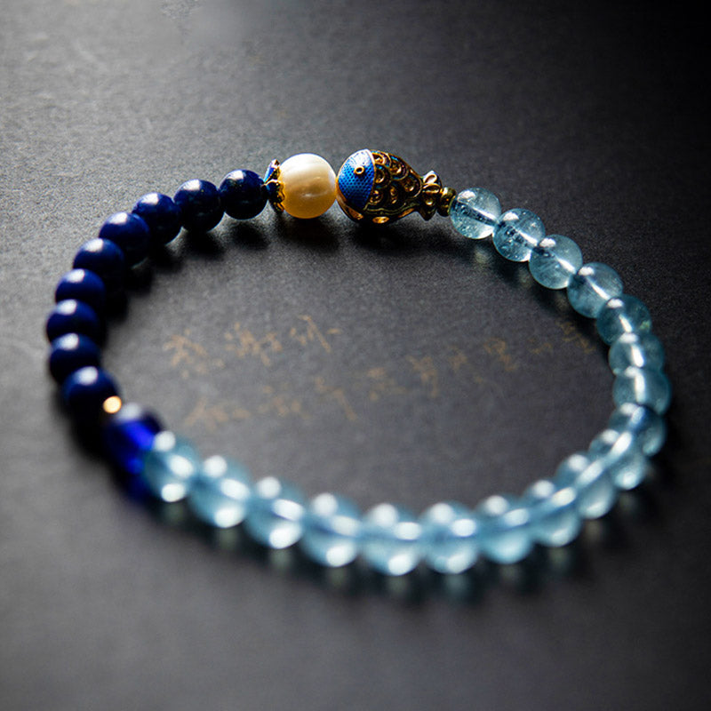 Buddha Stones ​​Natürliches Aquamarin-Lazurit-Lapis-Lazuli-Fisch-Heilarmband - image 1