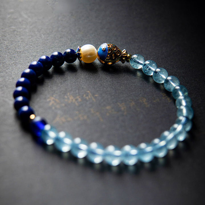 Buddha Stones ​​Natürliches Aquamarin-Lazurit-Lapis-Lazuli-Fisch-Heilarmband - image 1