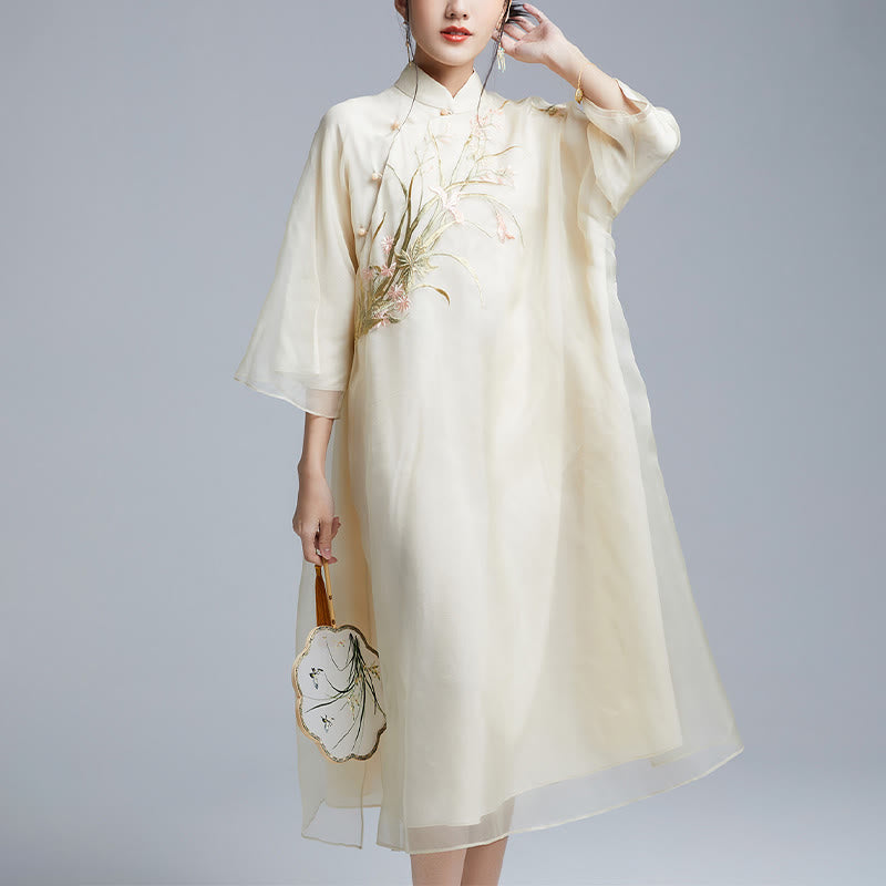 Buddha Stones 100 % Maulbeerseide 6 Momme Kleid Vintage Blume Schmetterling Stickerei Qipao Kleid Damen Cheongsam Kleid - image 2