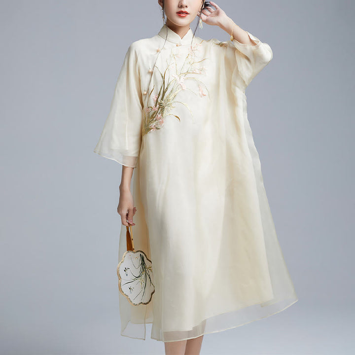 Buddha Stones 100 % Maulbeerseide 6 Momme Kleid Vintage Blume Schmetterling Stickerei Qipao Kleid Damen Cheongsam Kleid - image 2