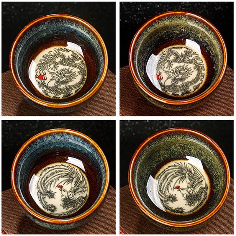 Buddha Stones Lotus Dragon Phoenix Koi Fish Chinesische Jianzhan-Keramik-Teetasse, Kung-Fu-Teetasse, 110 ml