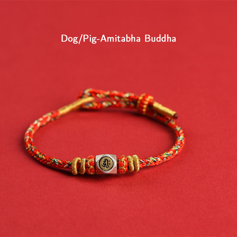 Buddha Stones 925 Sterling Silber Chinesisches Sternzeichen Natal Buddha Rot Buntes Seil Glück Handgefertigtes Armband