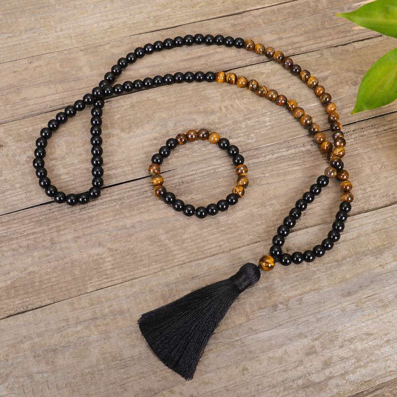 Buddha Stones Tibetisches schwarzes Onyx-Tigeraugenschutz-Halsketten-Mala-Set