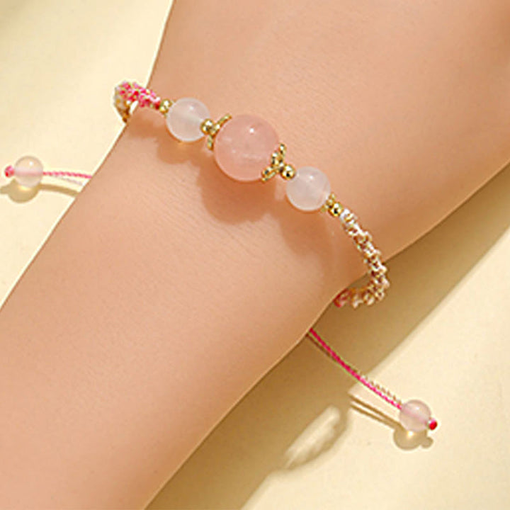 Buddha Stones Armband mit Heilseil, Erdbeerquarz, rosa Kristall, Prehnit , Weiß Achat