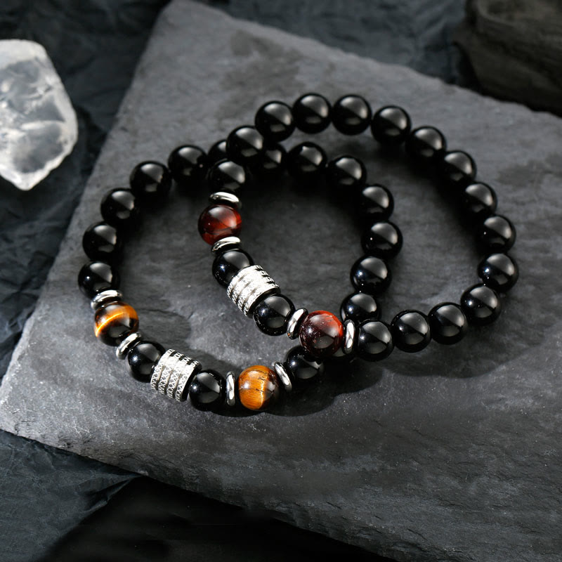 Buddha Stones natürliches schwarzes Obsidian-Tigerauge-Armband zur Krafterfüllung