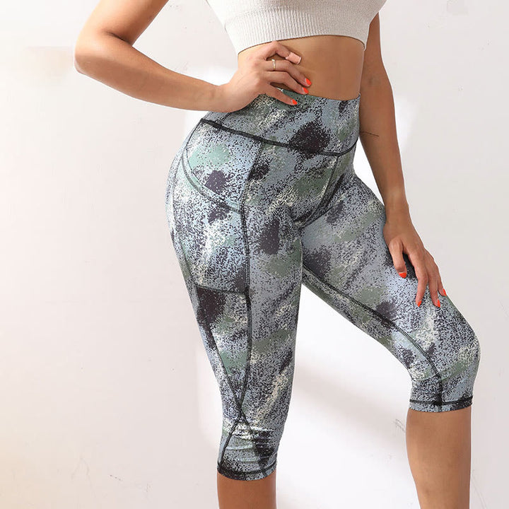 Buddha Stones Camo Print Einfarbige Sport-Yoga-Leggings mit hoher Taille für Damen Yoga-Caprihose