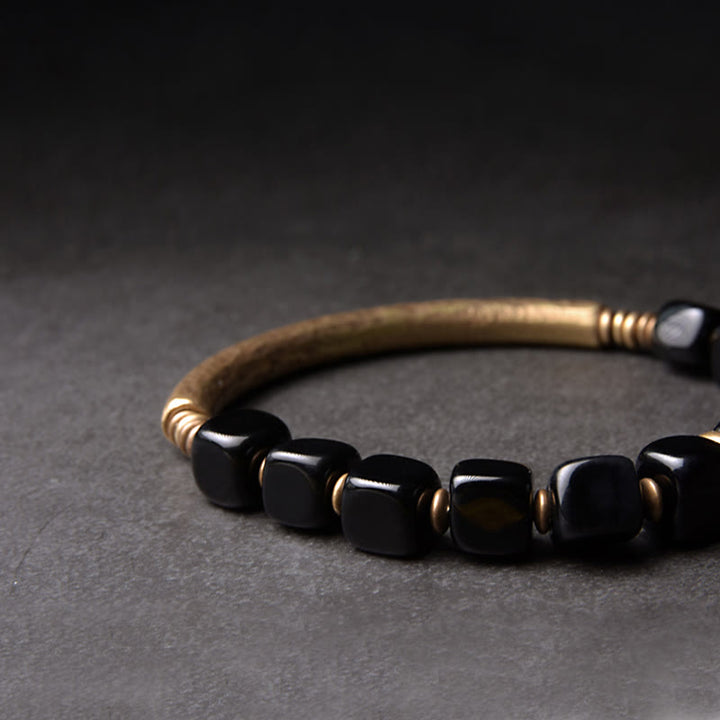 Buddha Stones Schwarzes Obsidian-Kristall-Kupfer-Stärke-Paar-Armband - image 7