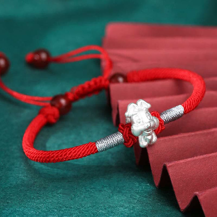 Buddha Stones Armband aus 999er-Sterlingsilber, chinesisches Sternzeichen, Glück, Stärke, rote Schnur - Hase (Armbandgröße 15,5 cm + 8 cm) - image 0
